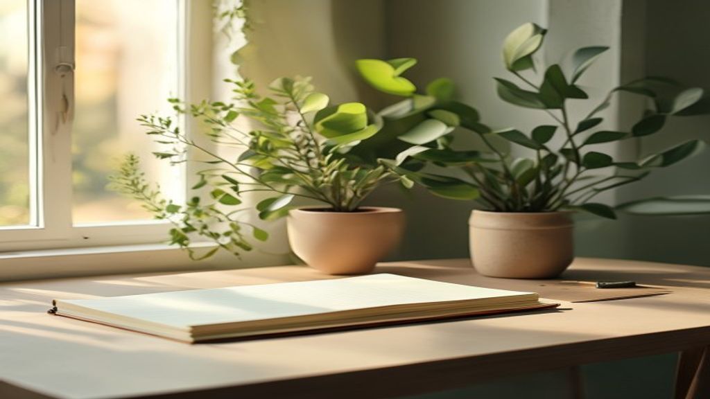 Minimalistisk skrivebordsinteriør med plantedekoration og kunstnerlys