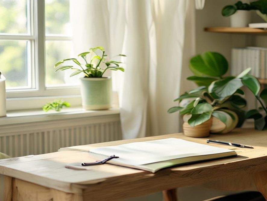 Rolig arbejdsstation med plante, kaffekopp og dagslys fra vindue